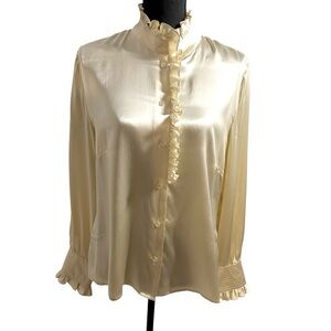 Oscar De La Renta Vintage Silk Champagne Brown High Neck Ruffle Blouse Size 14